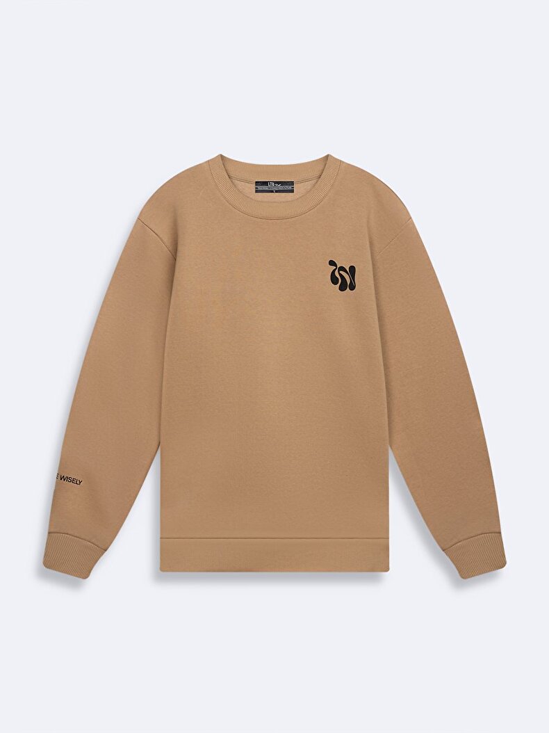 Print Crew Neck Long Sleeve Regular Fit Camel Sweatshirt