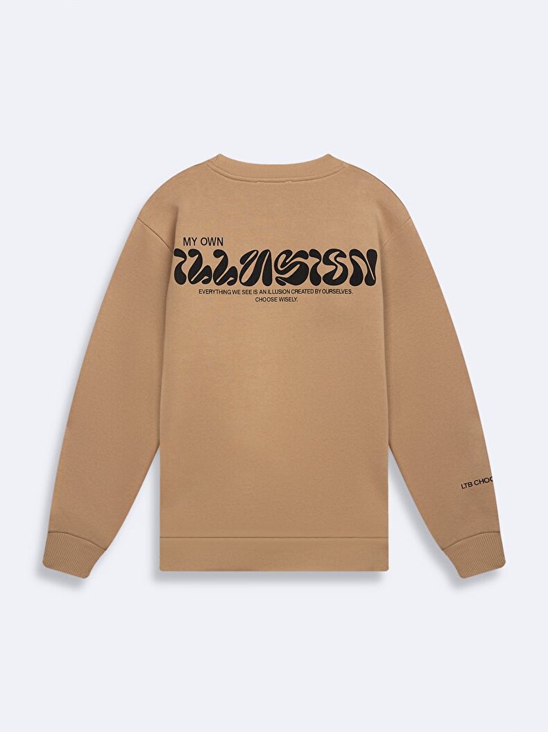 Print Crew Neck Long Sleeve Regular Fit Camel Sweatshirt