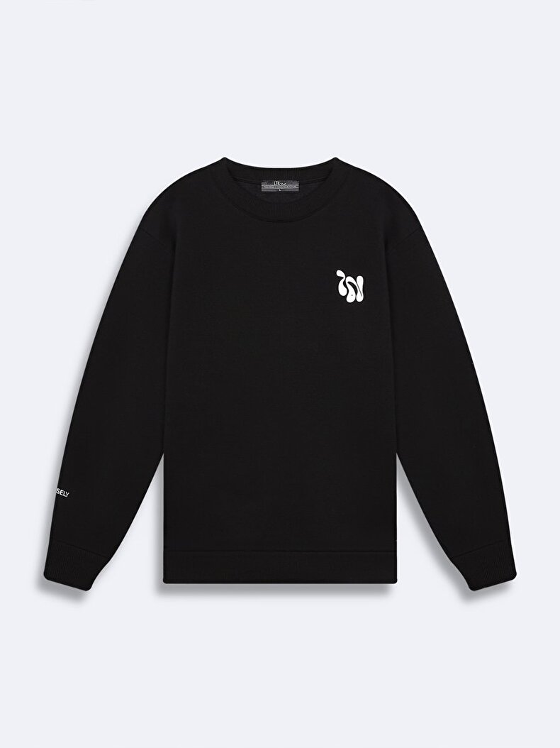 Sloganlı Sıfır Yaka Uzun Kollu Regular Fit Siyah Sweatshırt