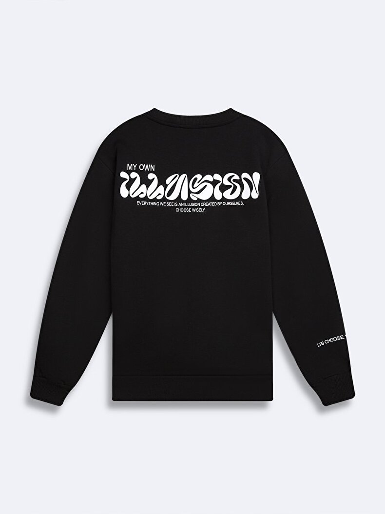 Sloganlı Sıfır Yaka Uzun Kollu Regular Fit Siyah Sweatshırt