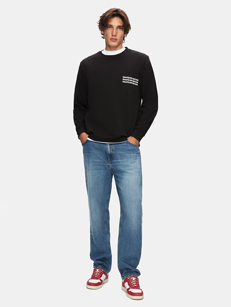 Sloganlı Sıfır Yaka Uzun Kollu Regular Fit Siyah Sweatshırt