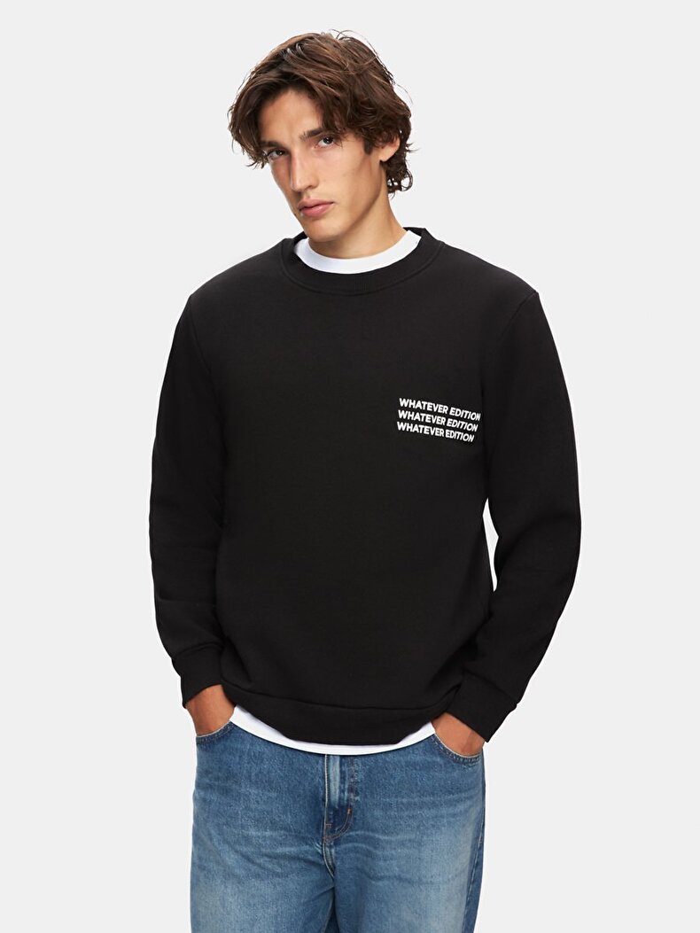 Sloganlı Sıfır Yaka Uzun Kollu Regular Fit Siyah Sweatshırt