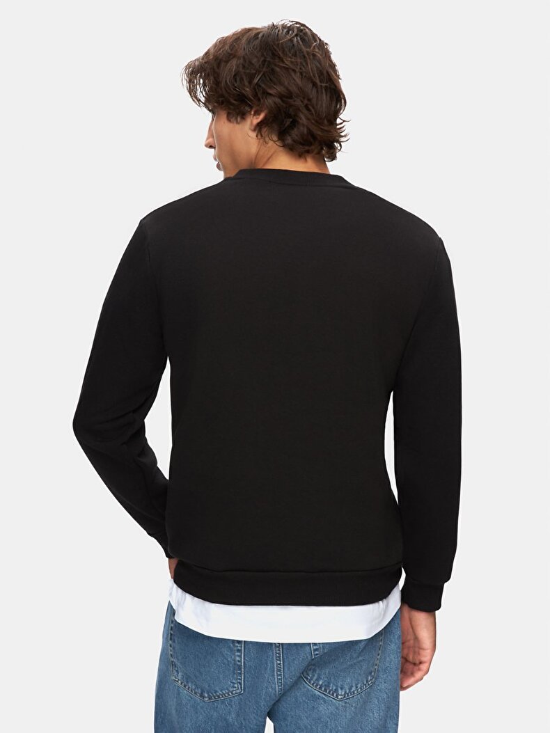 Sloganlı Sıfır Yaka Uzun Kollu Regular Fit Siyah Sweatshırt