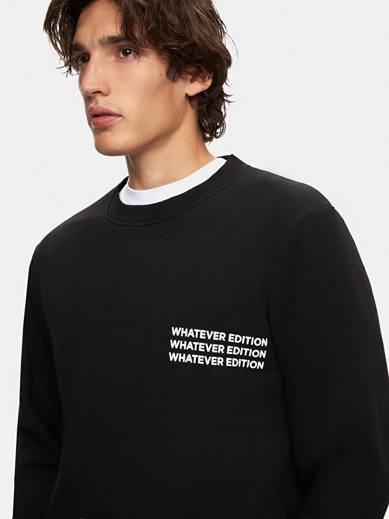 Sloganlı Sıfır Yaka Uzun Kollu Regular Fit Siyah Sweatshırt