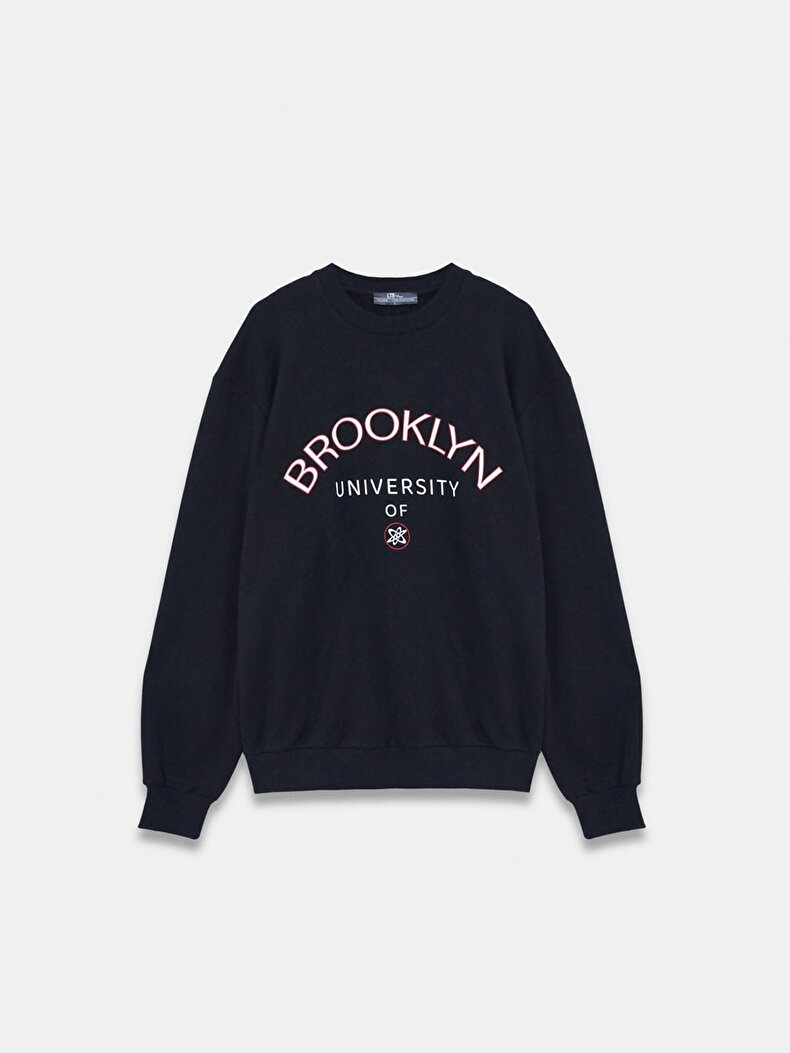 Baskılı Sıfır Yaka Uzun Kollu Relaxed Fit Siyah Sweatshırt