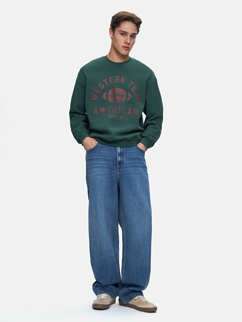 Baskılı Sıfır Yaka Uzun Kollu Relaxed Fit Yeşil Sweatshırt