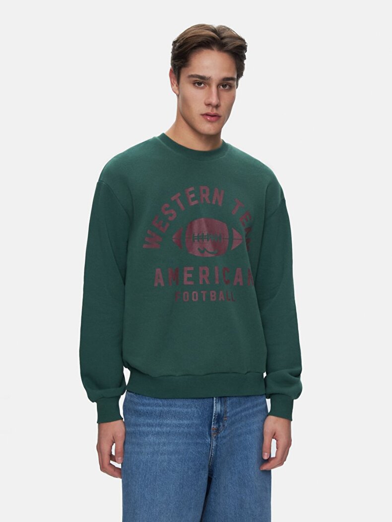 Baskılı Sıfır Yaka Uzun Kollu Relaxed Fit Yeşil Sweatshırt