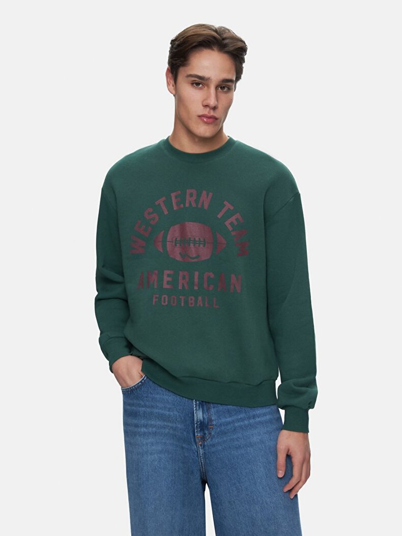 Baskılı Sıfır Yaka Uzun Kollu Relaxed Fit Yeşil Sweatshırt