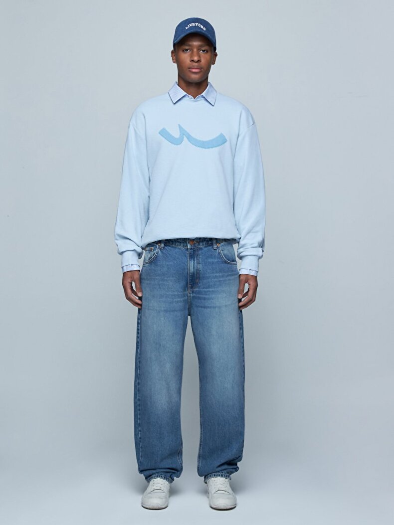 Sloganlı Sıfır Yaka Uzun Kollu Relaxed Fit Mavi Sweatshırt