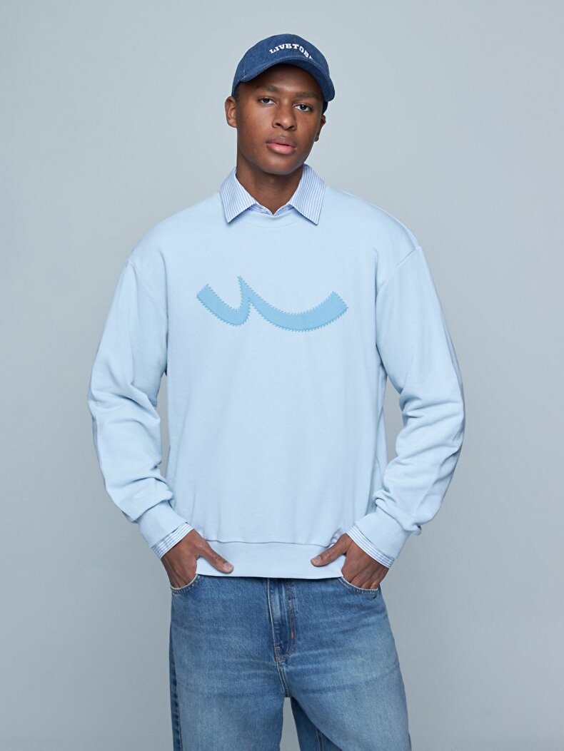 Sloganlı Sıfır Yaka Uzun Kollu Relaxed Fit Mavi Sweatshırt