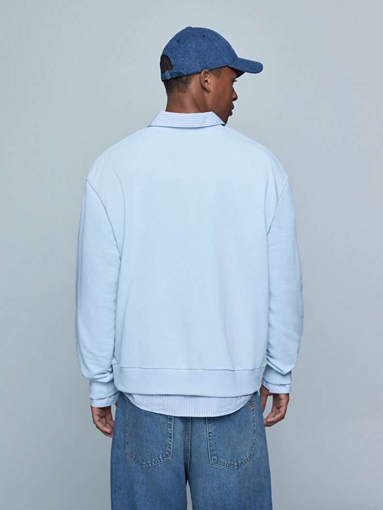 Sloganlı Sıfır Yaka Uzun Kollu Relaxed Fit Mavi Sweatshırt