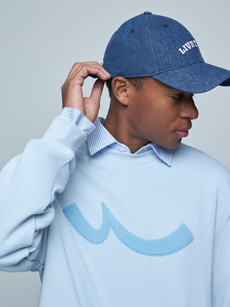 Sloganlı Sıfır Yaka Uzun Kollu Relaxed Fit Mavi Sweatshırt