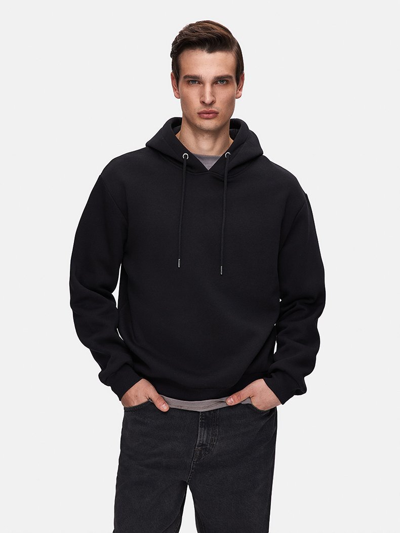 Sloganlı Kapüşonlu Fermuarsız Relaxed Fit Siyah Sweatshırt