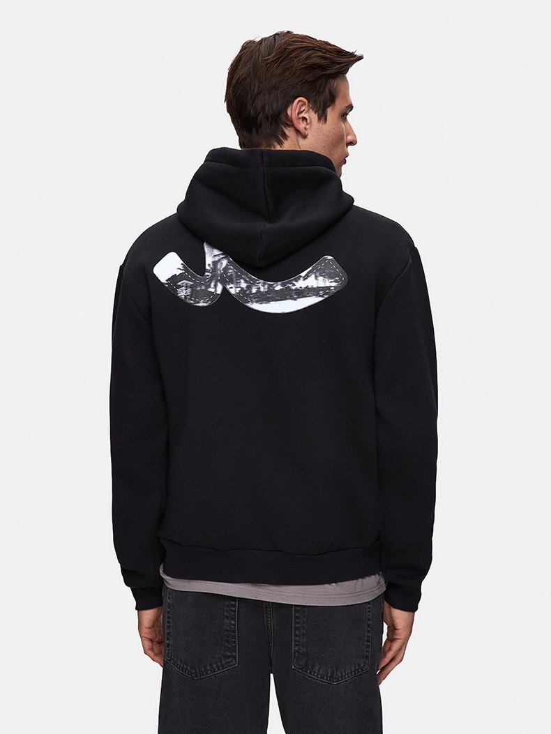 Sloganlı Kapüşonlu Fermuarsız Relaxed Fit Siyah Sweatshırt