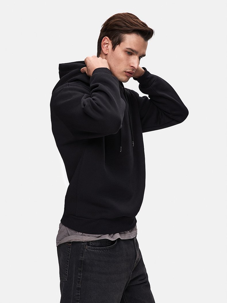 Sloganlı Kapüşonlu Fermuarsız Relaxed Fit Siyah Sweatshırt