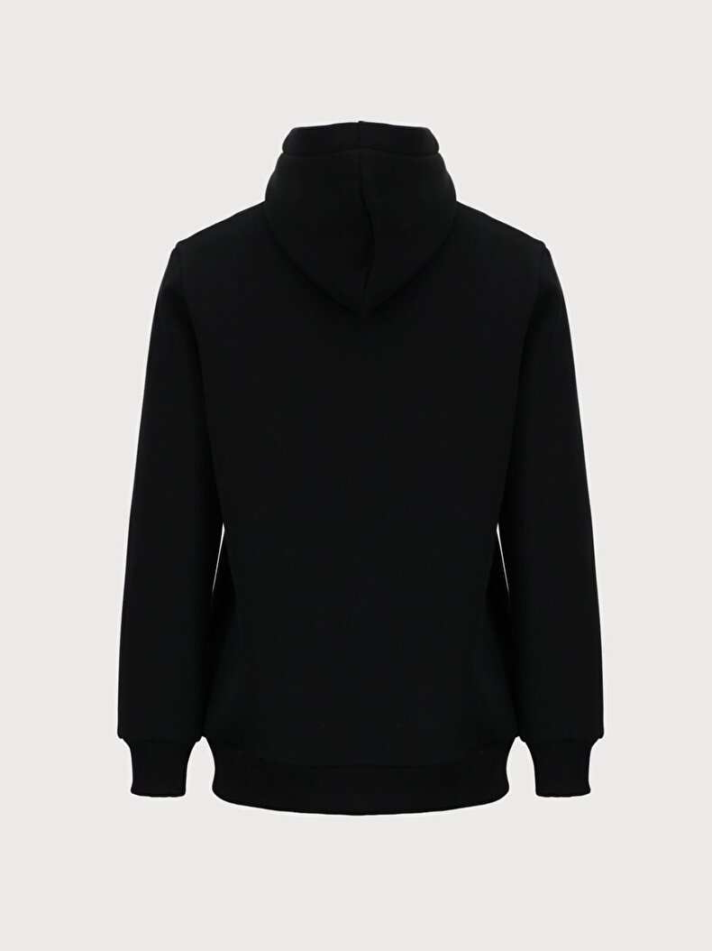 Sloganlı Kapüşonlu Fermuarsız Regular Fit Siyah Sweatshırt