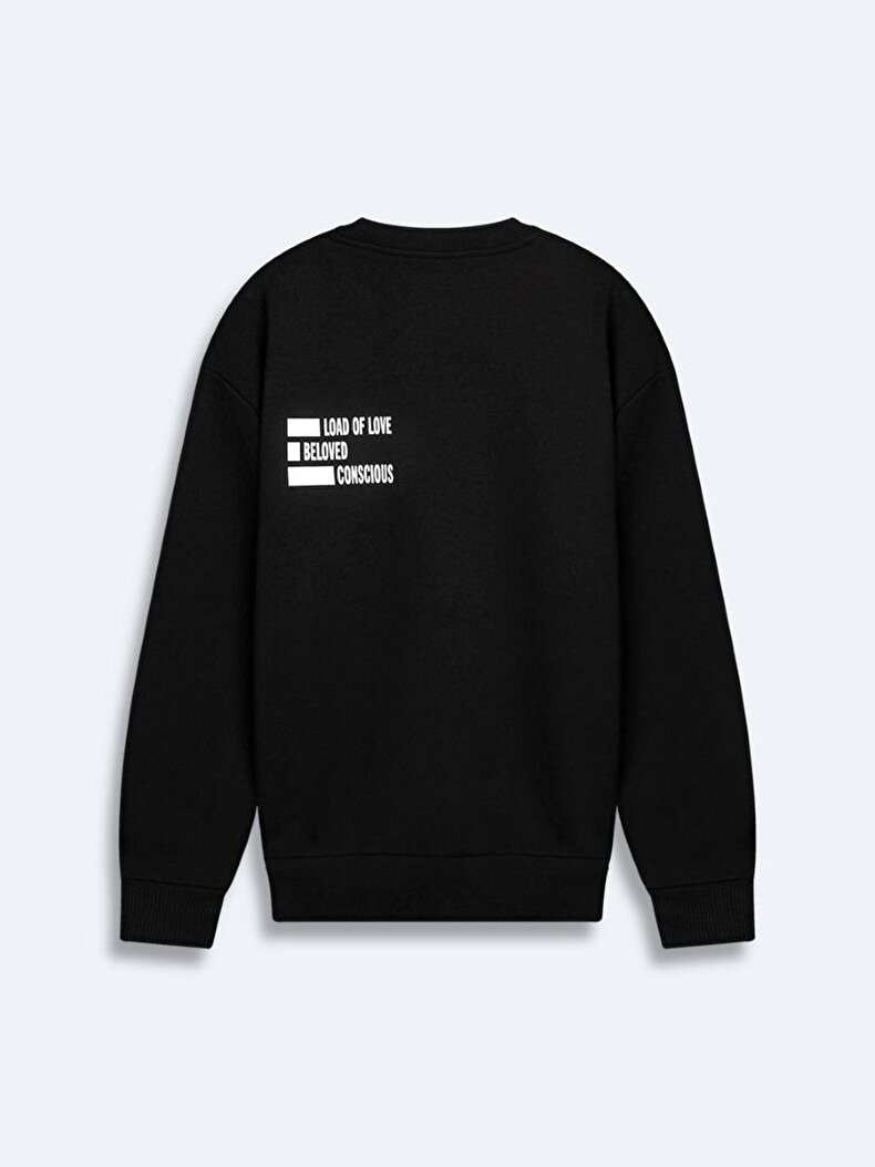 Sırtı Slogan Baskılı Sıfır Yaka Uzun Kollu Relaxed Fit Koyu Grı Sweatshırt