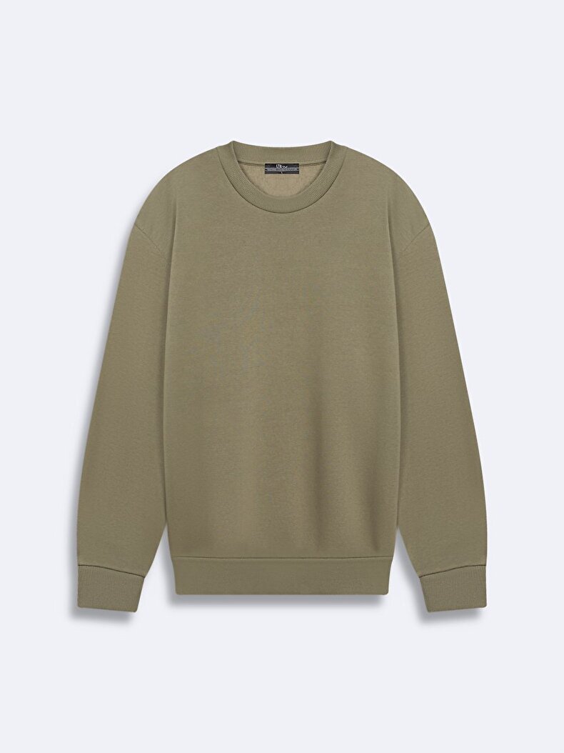 Sırtı Slogan Baskılı Sıfır Yaka Uzun Kollu Relaxed Fit Yeşil Sweatshırt