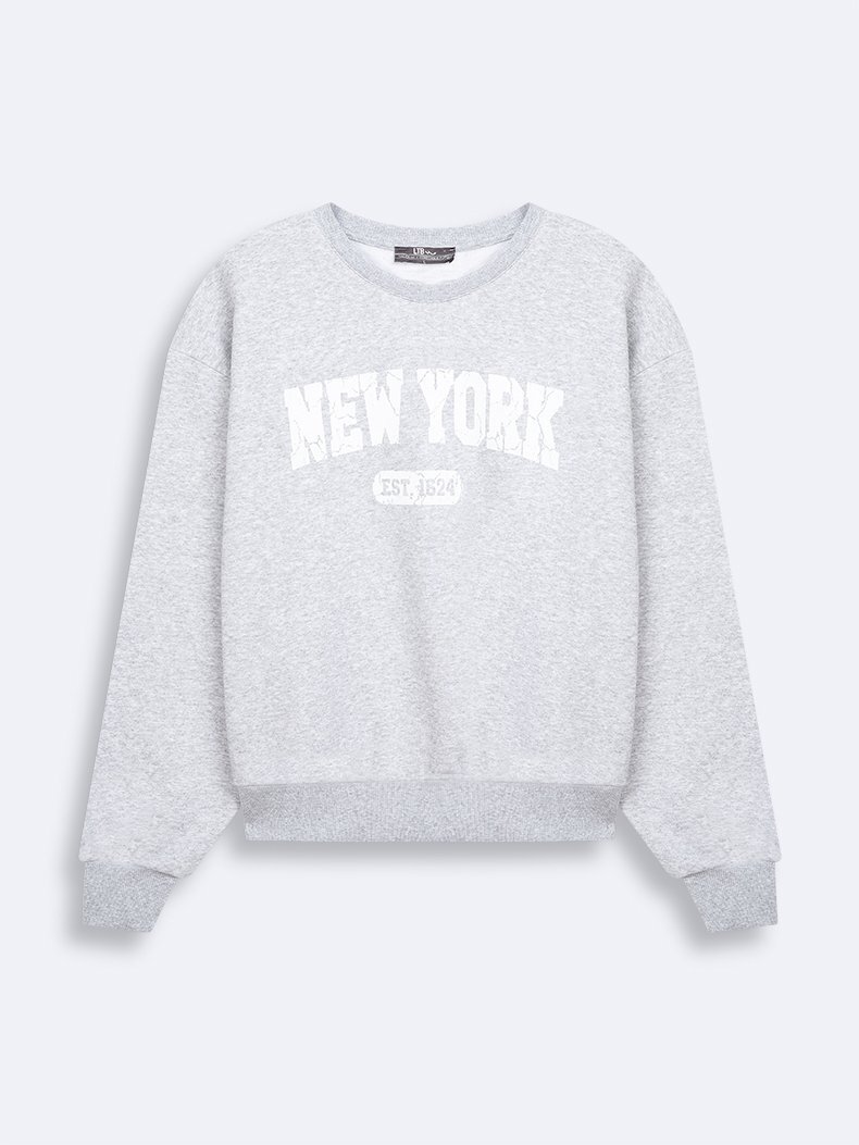 New York Baskılı Sıfır Yaka Uzun Kollu Gri Sweatshırt