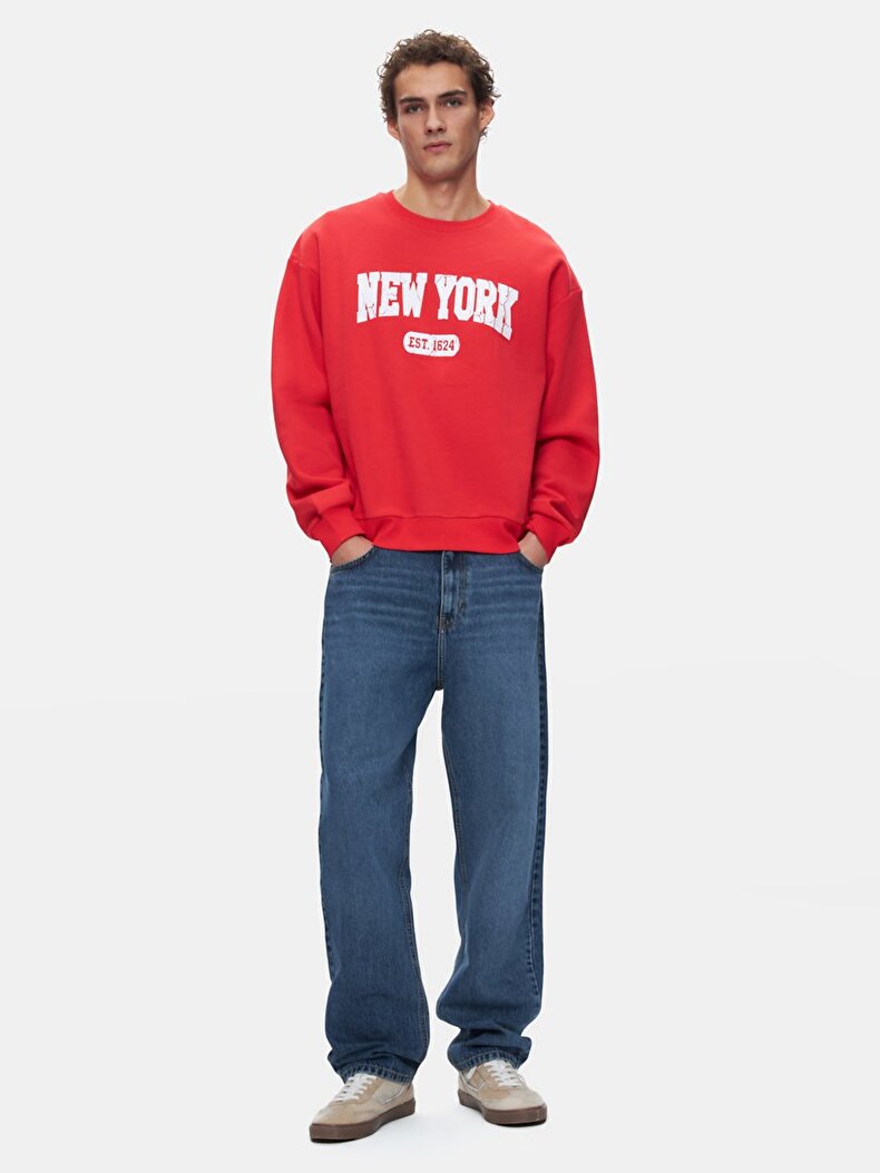 New York Baskılı Sıfır Yaka Uzun Kollu Kırmızı Sweatshırt