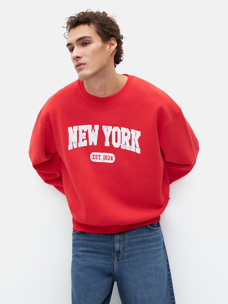 New York Baskılı Sıfır Yaka Uzun Kollu Kırmızı Sweatshırt