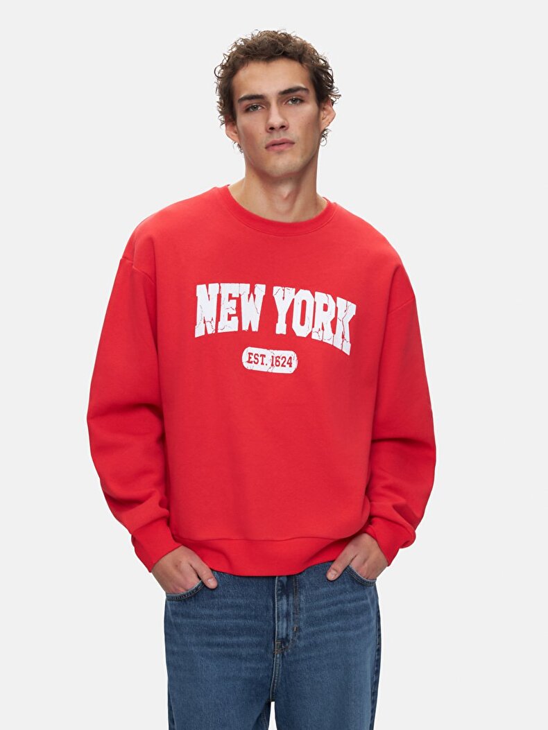 New York Baskılı Sıfır Yaka Uzun Kollu Kırmızı Sweatshırt