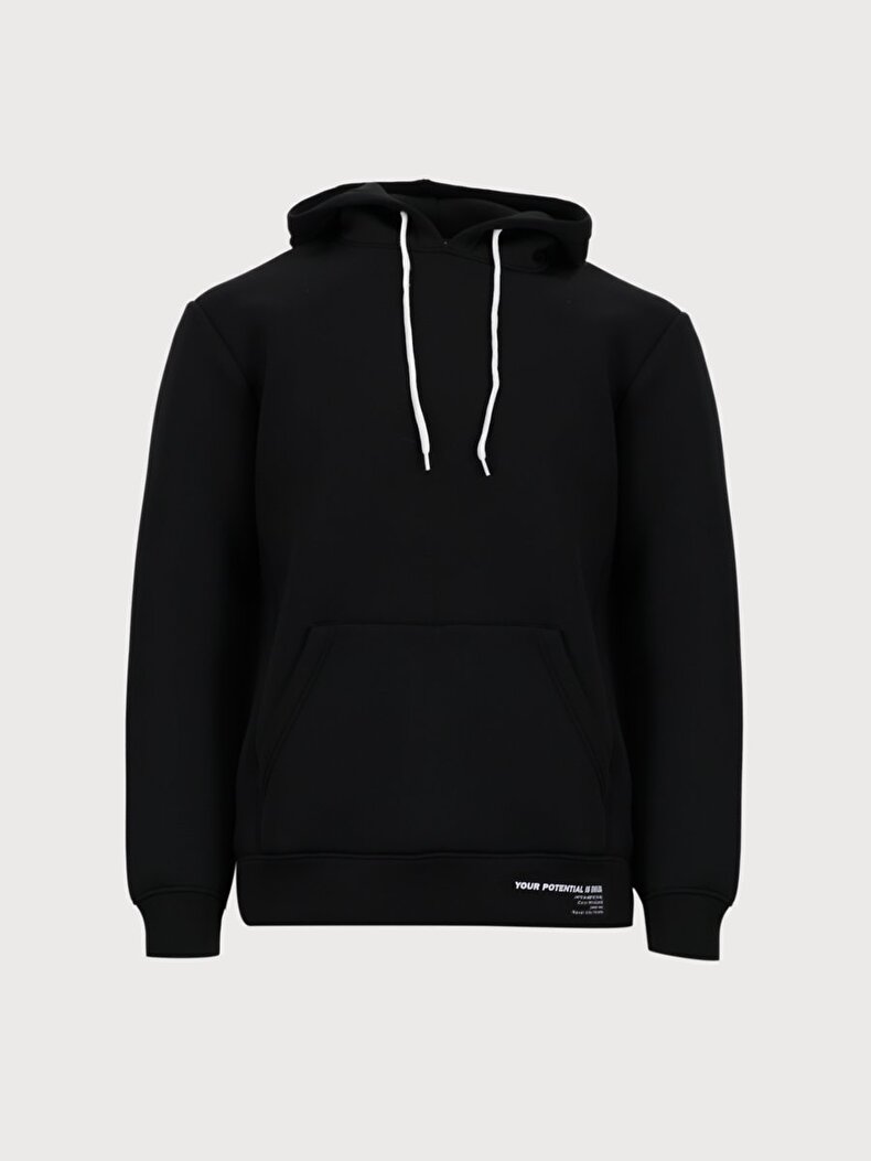Sırtı Slogan Baskılı Kapüşonlu Siyah Sweatshırt