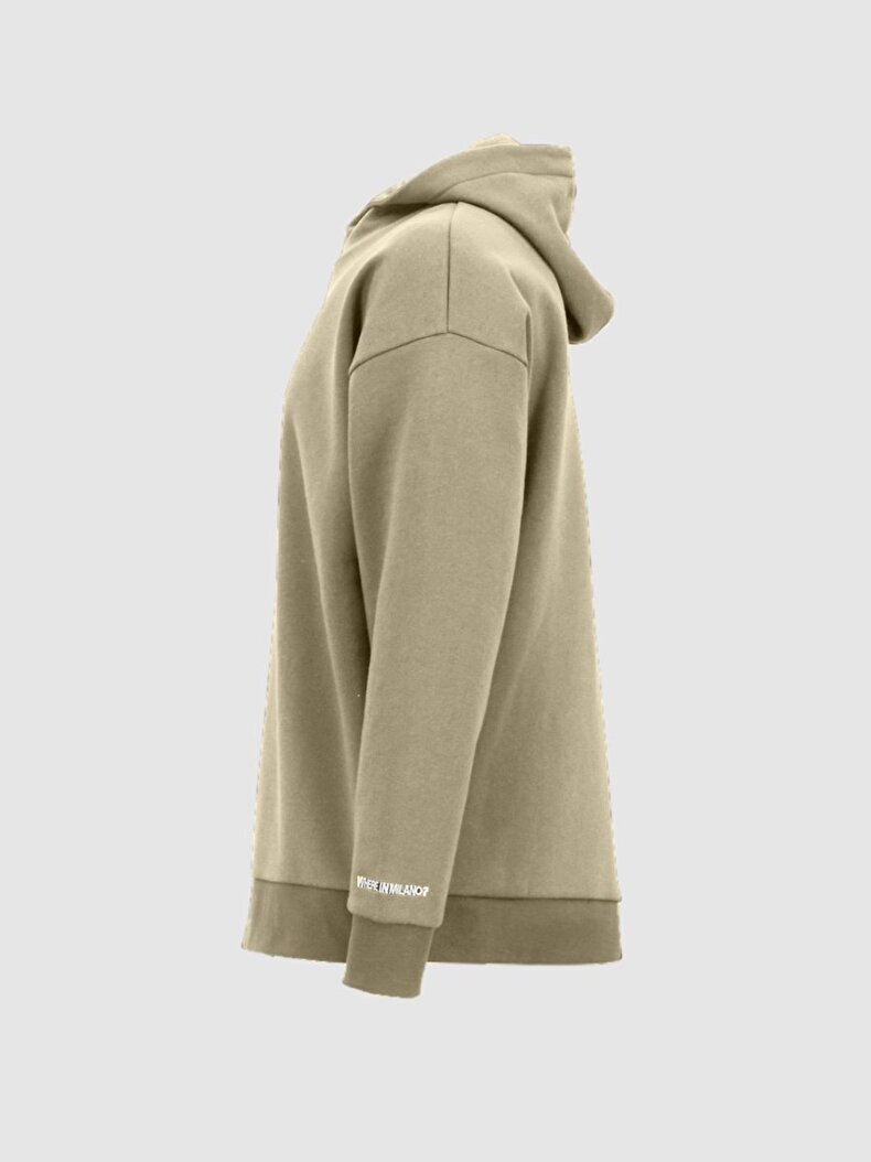 Sloganlı Kapüşonlu Bej Sweatshırt