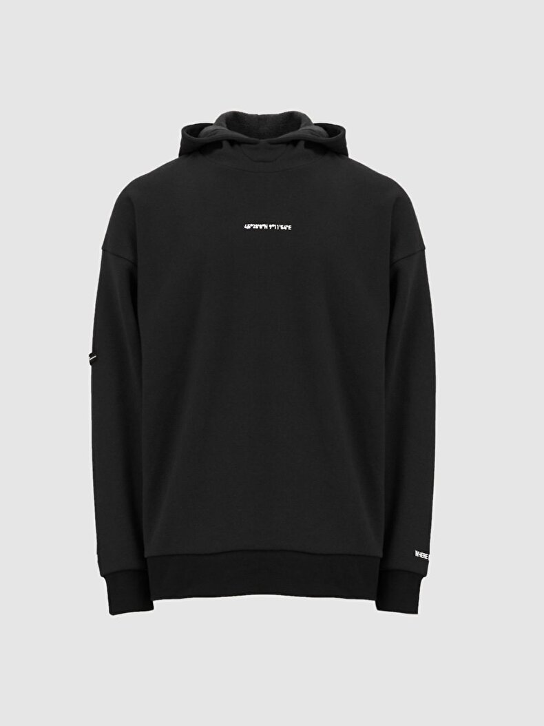 Sloganlı Kapüşonlu Siyah Sweatshırt