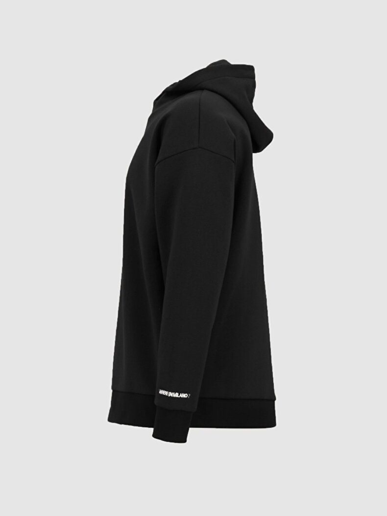 Sloganlı Kapüşonlu Siyah Sweatshırt