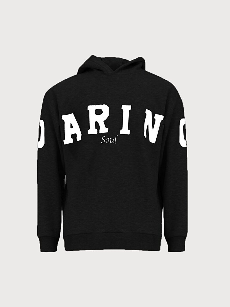 Sloganlı Kapüşonlu Siyah Sweatshırt