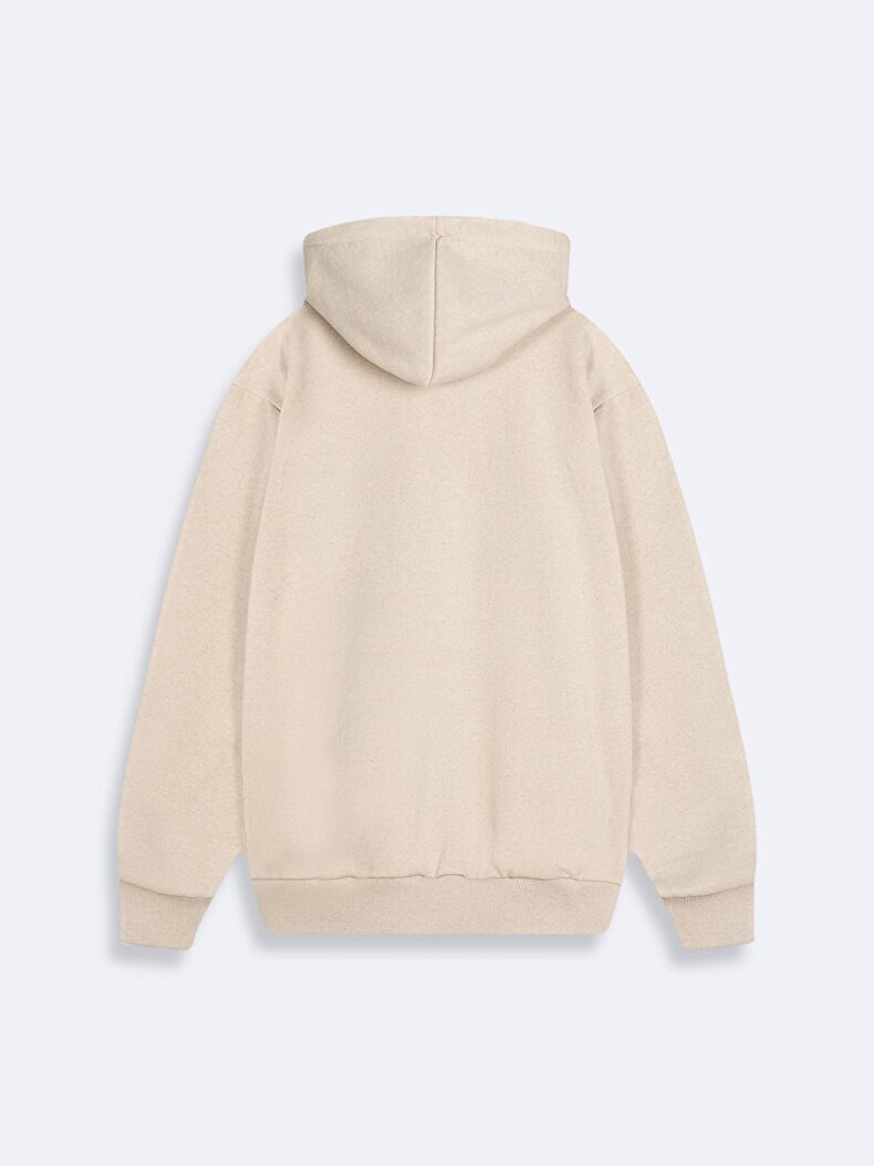 Baskılı Kapüşonlu Bej Sweatshırt
