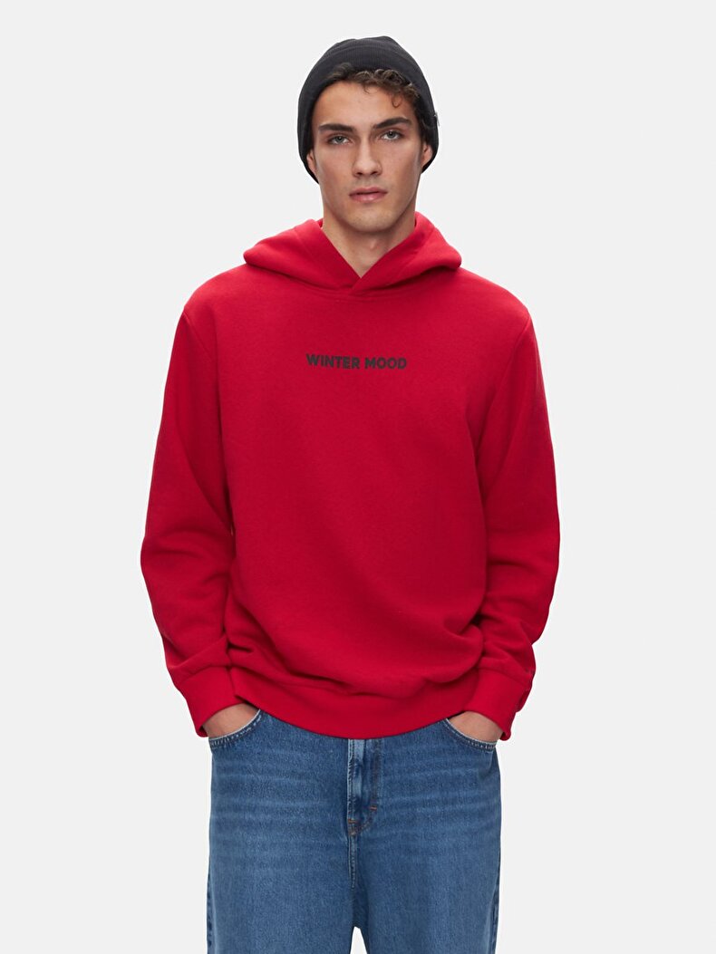 Sloganlı Kapüşonlu Regular Kırmızı Sweatshırt