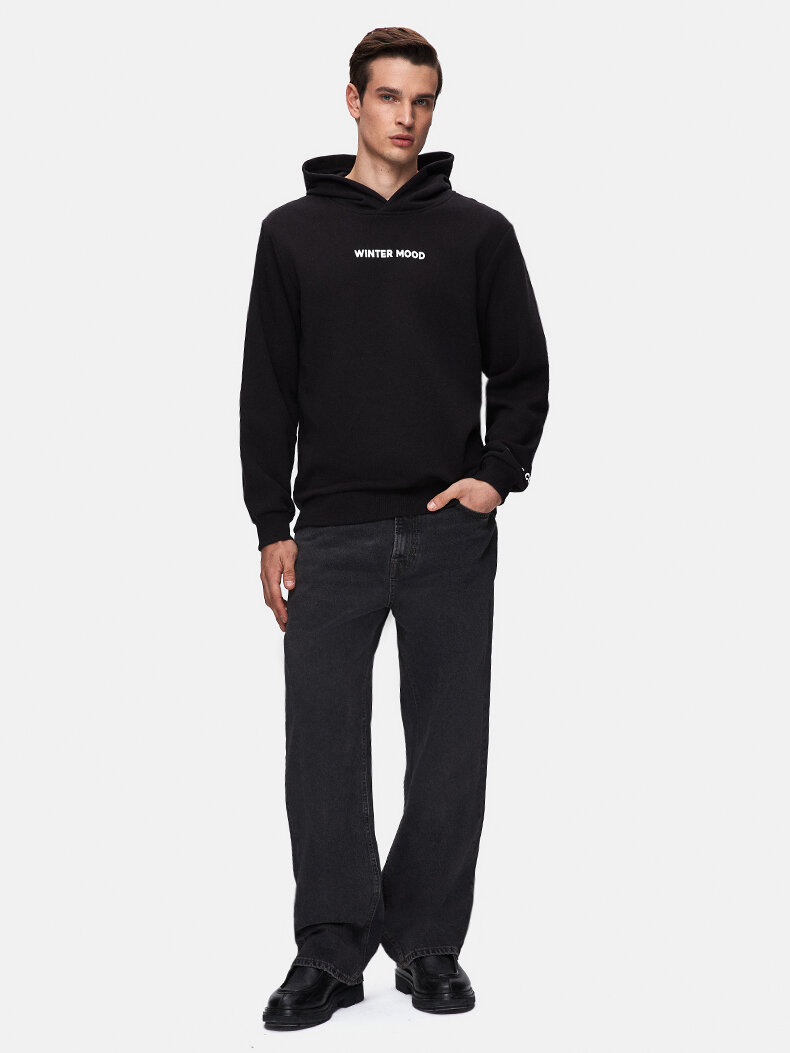 Sloganlı Kapüşonlu Siyah Sweatshırt