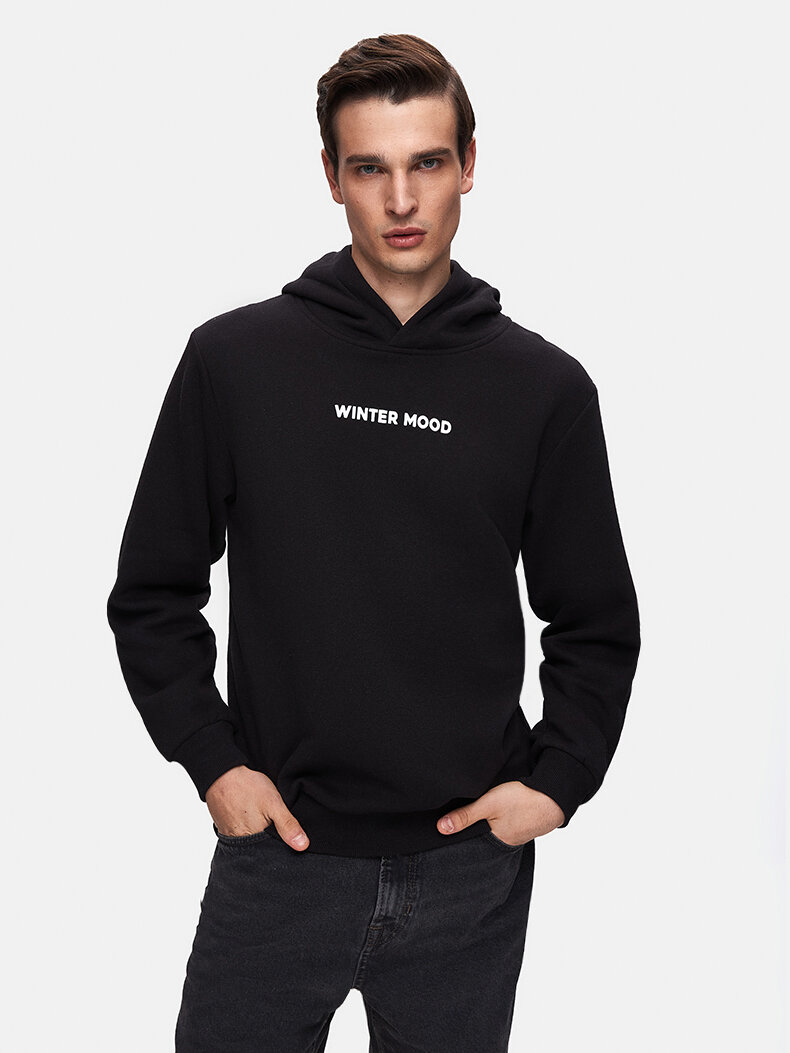 Sloganlı Kapüşonlu Siyah Sweatshırt