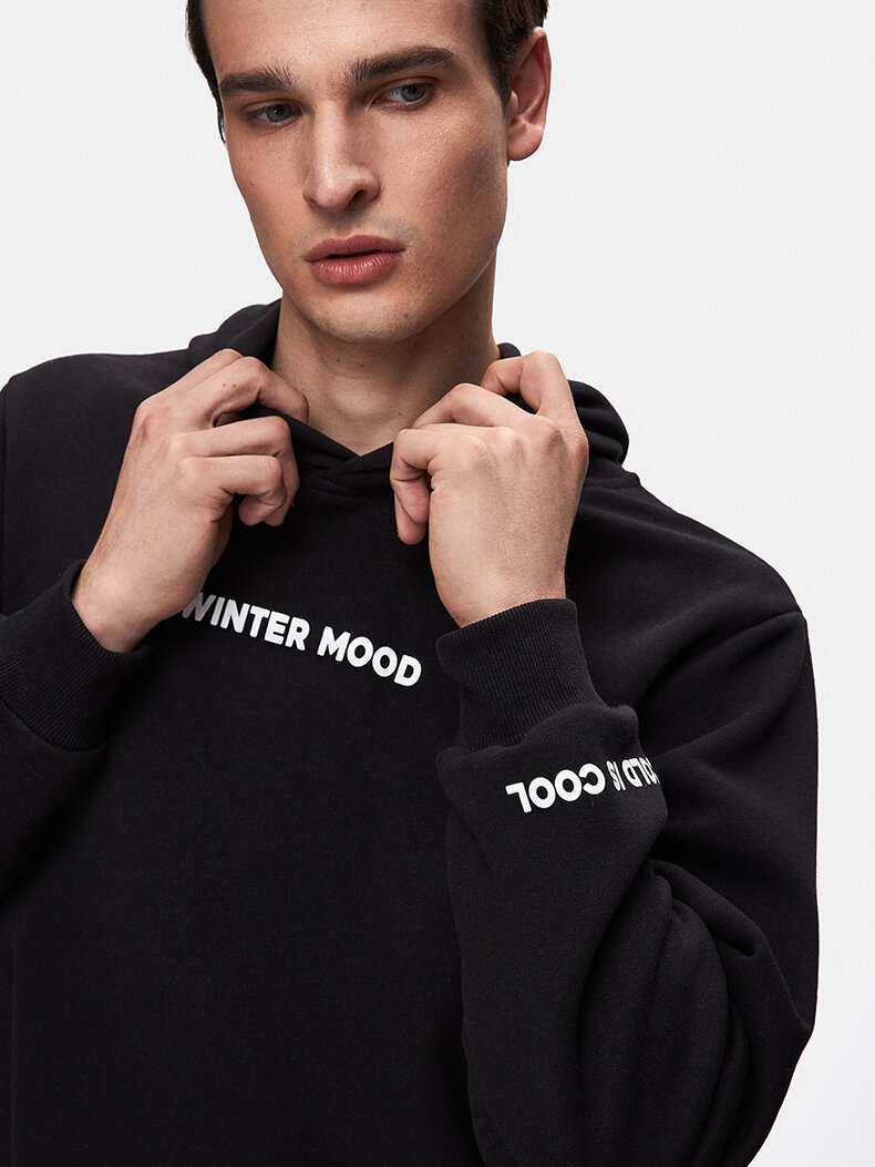 Sloganlı Kapüşonlu Siyah Sweatshırt