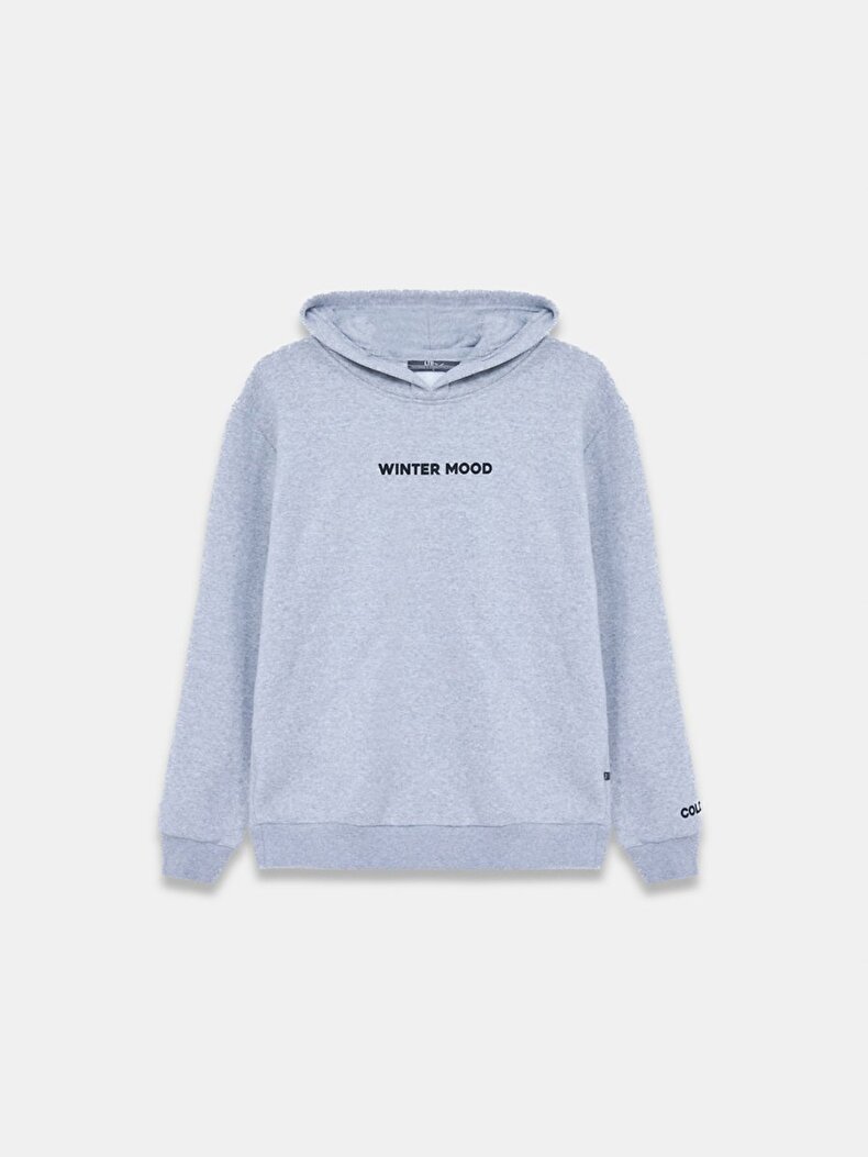 Sloganlı Kapüşonlu Gri Sweatshırt