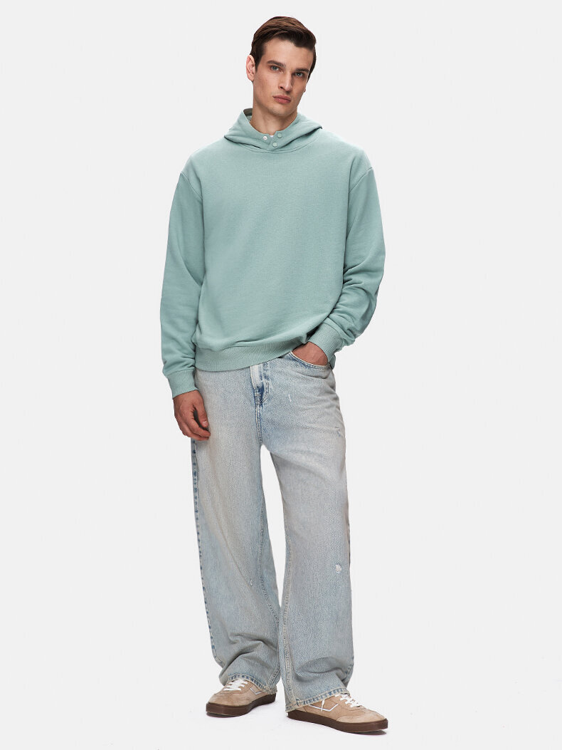 Düz Kapüşonlu Çıtçıtlı Yeşil Sweatshırt