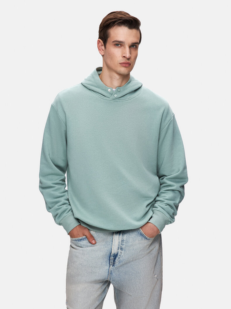 Düz Kapüşonlu Çıtçıtlı Yeşil Sweatshırt