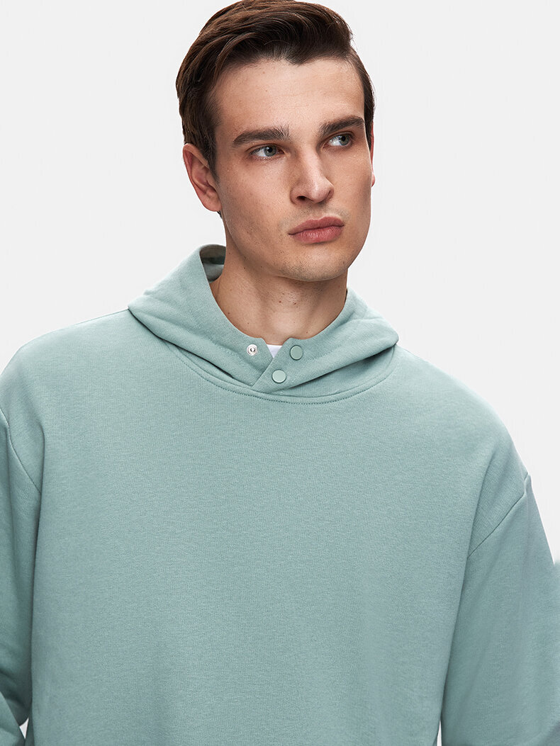 Düz Kapüşonlu Çıtçıtlı Yeşil Sweatshırt