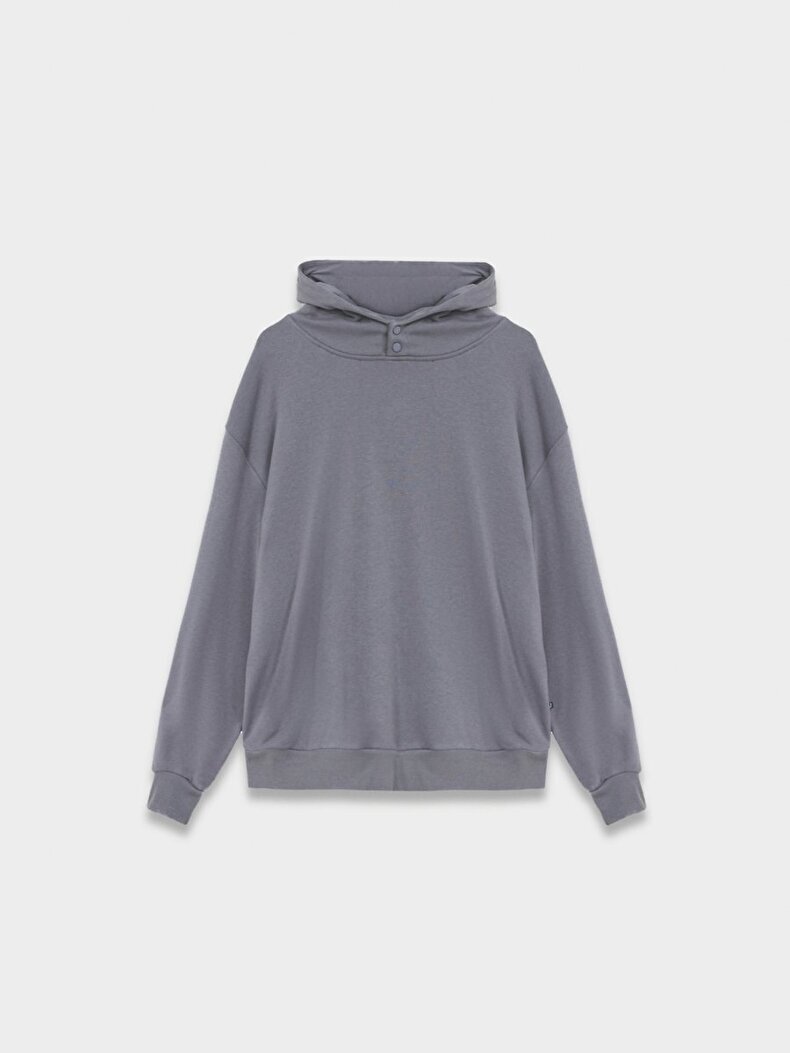 Düz Kapüşonlu Çıtçıtlı Gri Sweatshırt