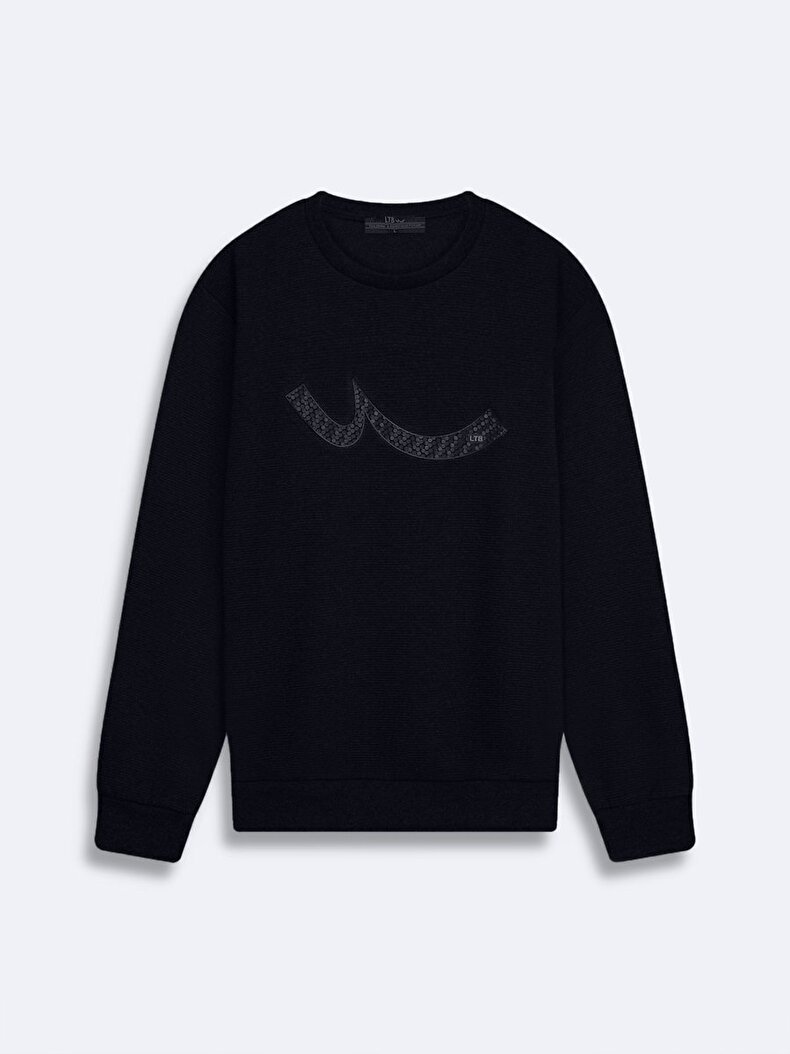 Sıgnlı Sıfır Yaka Uzun Kollu Siyah Sweatshırt