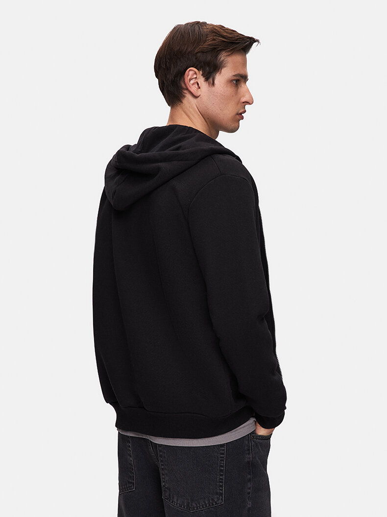 Düz Kapüşonlu Fermuarlı Siyah Sweatshırt
