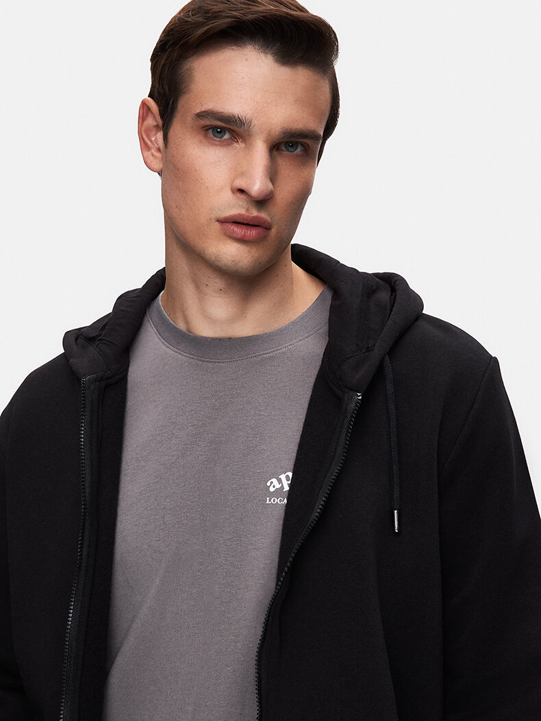 Düz Kapüşonlu Fermuarlı Siyah Sweatshırt
