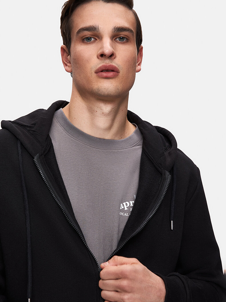 Düz Kapüşonlu Fermuarlı Siyah Sweatshırt