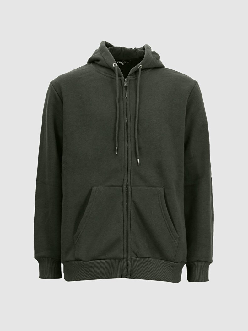 Straight With Hood Zipper Closing Green Sweatshirt