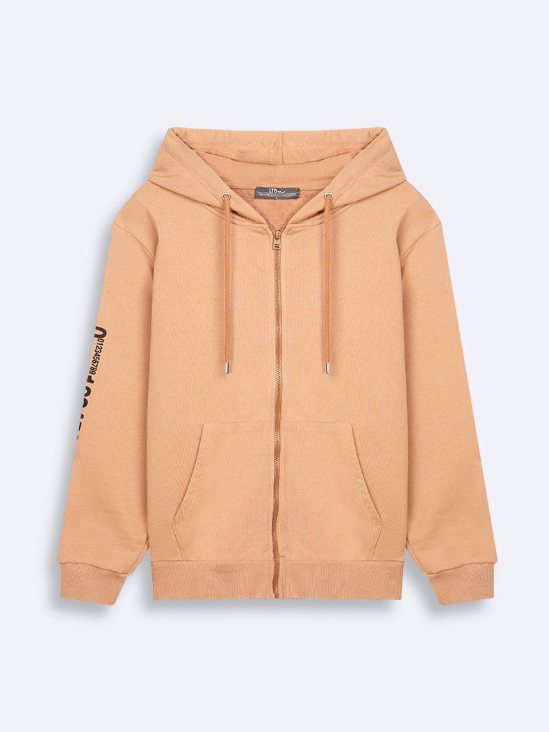 Kolu Baskılı Kapüşonlu Fermuarlı Camel Sweatshırt
