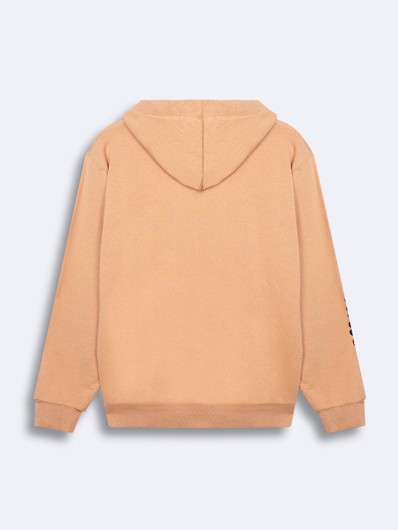 Kolu Baskılı Kapüşonlu Fermuarlı Camel Sweatshırt