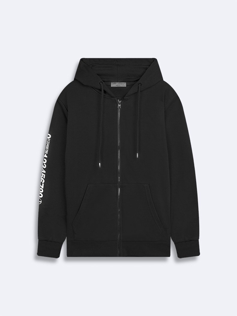 Kolu Baskılı Kapüşonlu Fermuarlı Siyah Sweatshırt