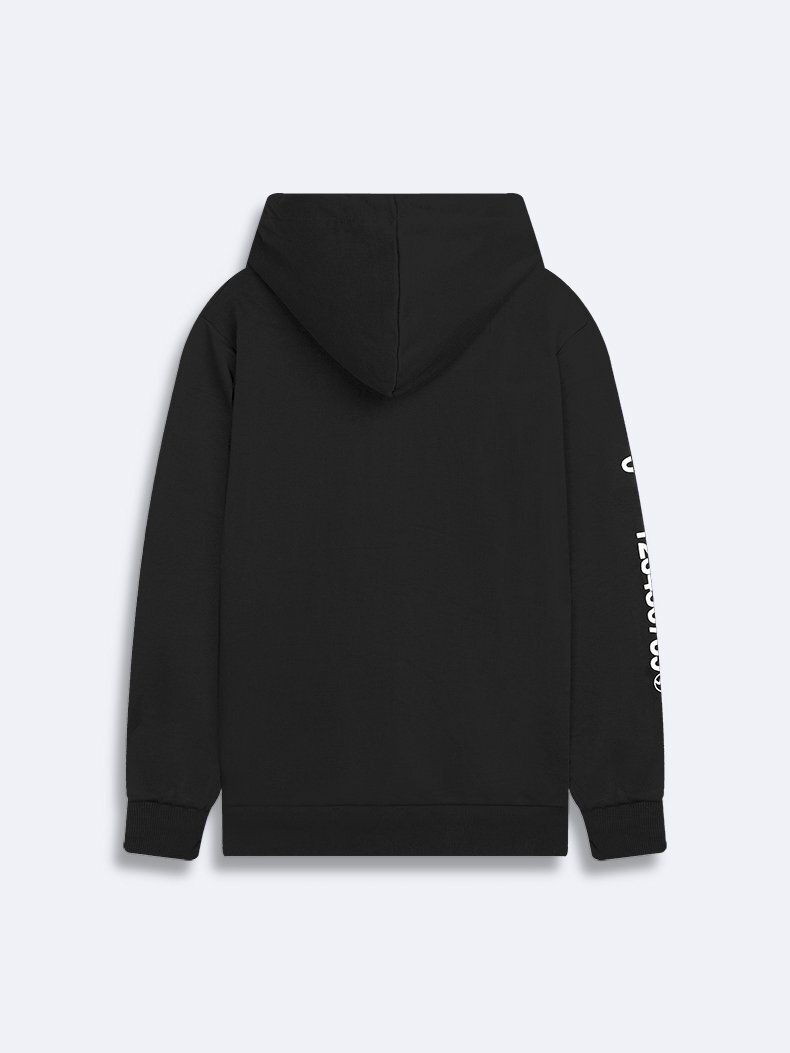 Kolu Baskılı Kapüşonlu Fermuarlı Siyah Sweatshırt